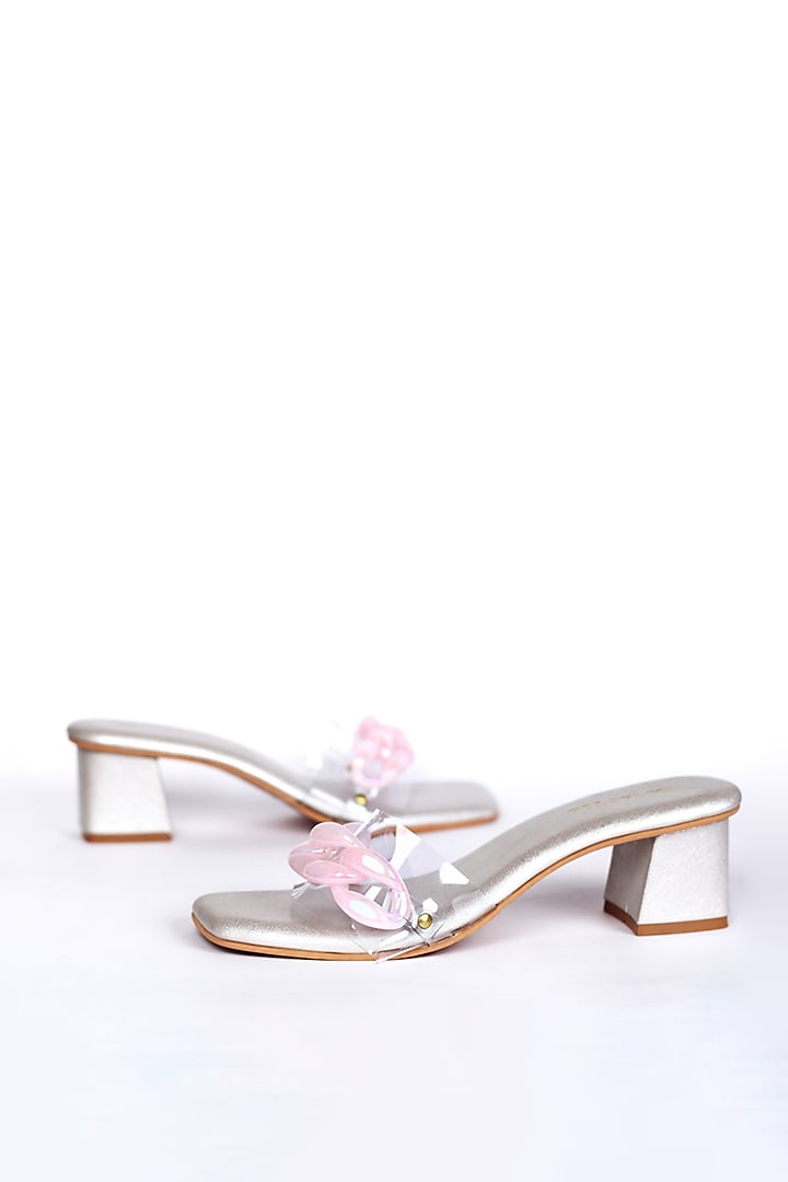 Silver Vegan Leather Sliders by Tic Tac Toe at Pernia's Pop Up Shop