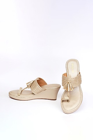 Gold Vegan Leather Kolhapuri Wedges by Tic Tac Toe