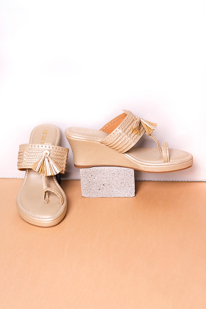 Gold Vegan Leather Kolhapuri Wedges by Tic Tac Toe at Pernia's Pop Up Shop