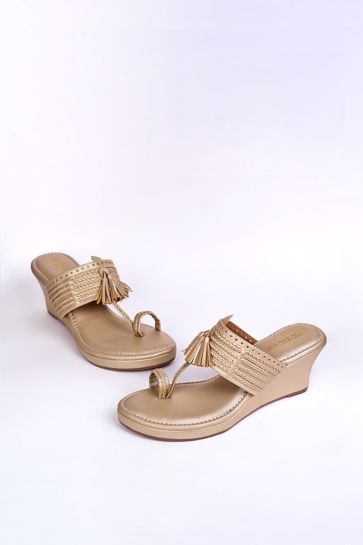 Gold Vegan Leather Kolhapuri Wedges by Tic Tac Toe at Pernia's Pop Up Shop