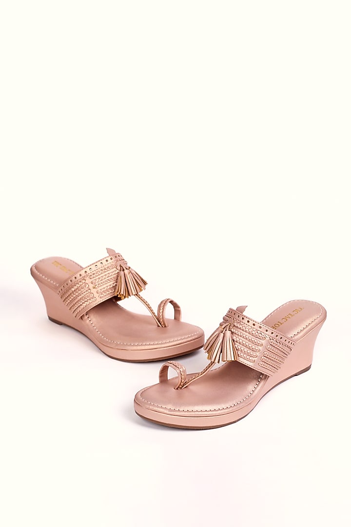 Rose Gold Vegan Leather Kolhapuri Wedges by Tic Tac Toe at Pernia's Pop Up Shop