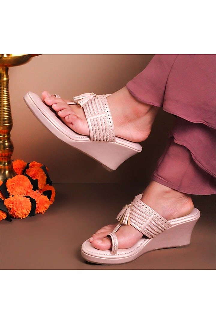Rose Gold Vegan Leather Kolhapuri Wedges by Tic Tac Toe at Pernia's Pop Up Shop