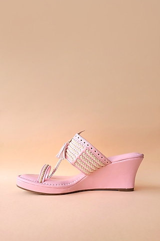 Pink Vegan Leather Kolhapuri Wedges by Tic Tac Toe