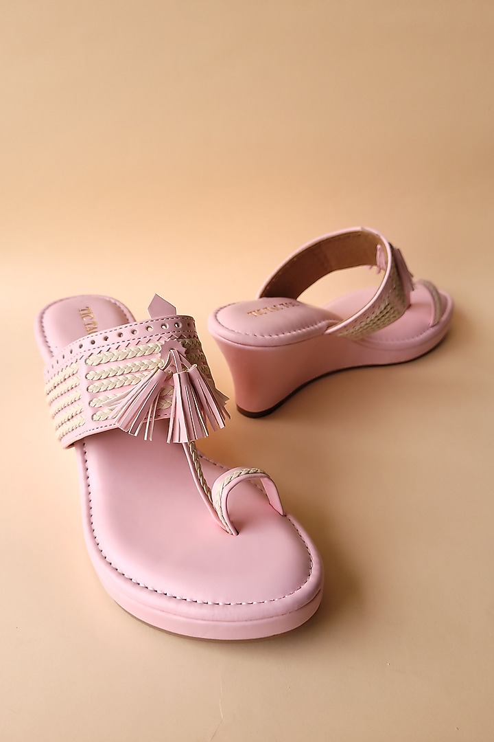 Pink Vegan Leather Kolhapuri Wedges by Tic Tac Toe at Pernia's Pop Up Shop