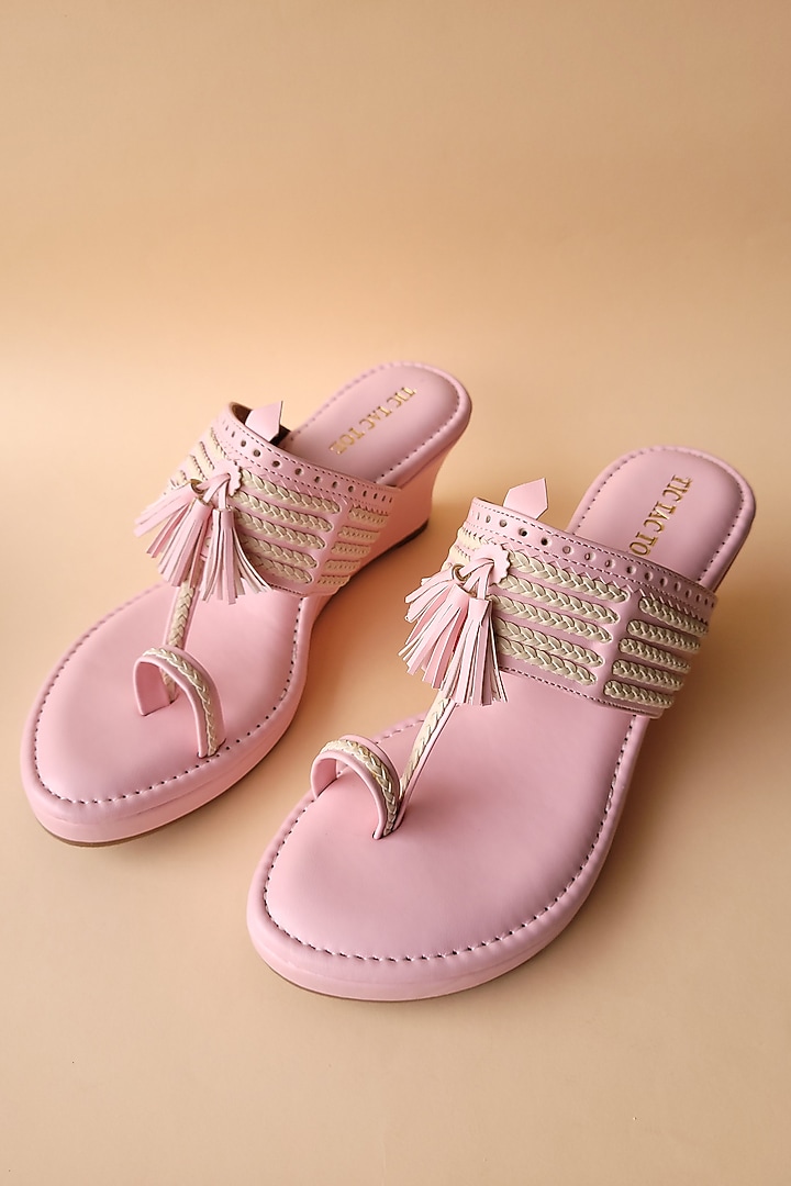 Pink Vegan Leather Kolhapuri Wedges by Tic Tac Toe at Pernia's Pop Up Shop