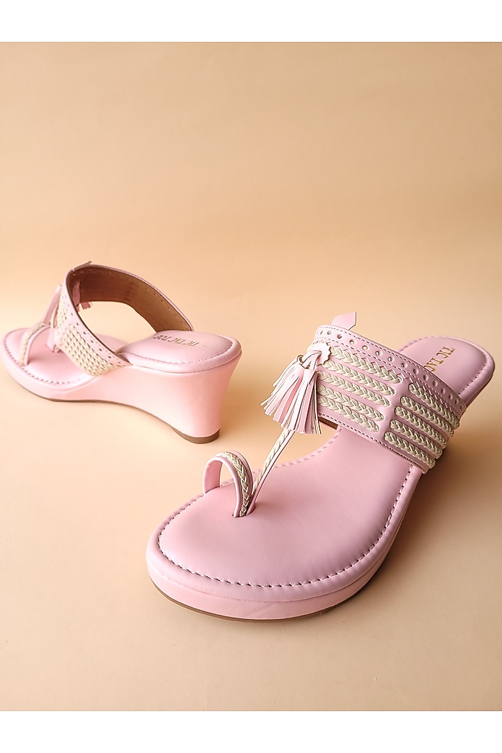 Pink Vegan Leather Kolhapuri Wedges by Tic Tac Toe at Pernia's Pop Up Shop