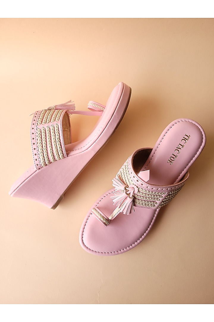 Pink Vegan Leather Kolhapuri Wedges by Tic Tac Toe at Pernia's Pop Up Shop