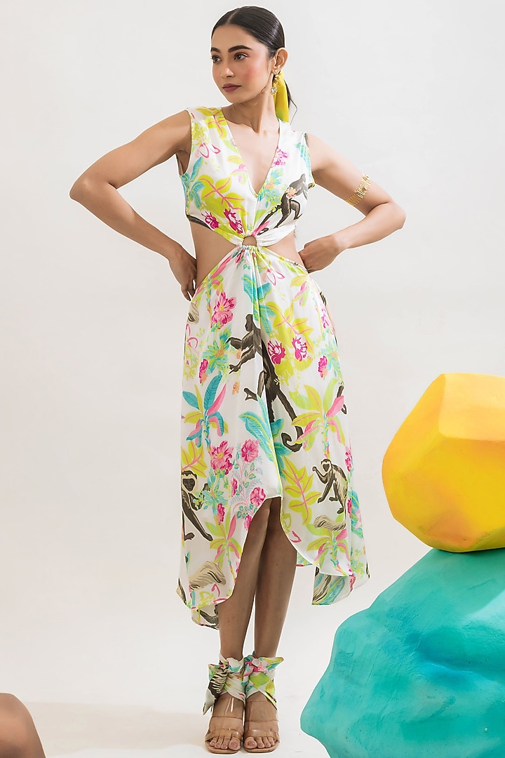 Multi-Colored Viscose Satin Printed Cut-Out Midi Summer Dress by That Thing You Love at Pernia's Pop Up Shop