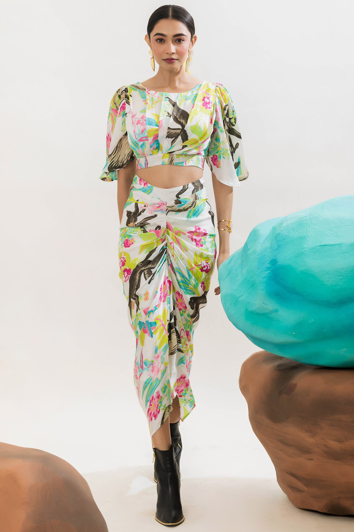 Multi-Colored Viscose Satin Printed Draped Skirt Set by That Thing You Love at Pernia's Pop Up Shop
