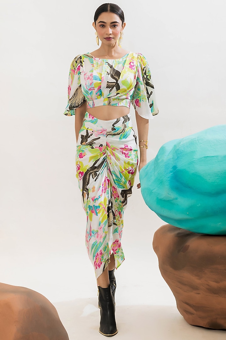 Multi-Colored Viscose Satin Printed Draped Skirt Set by That Thing You Love at Pernia's Pop Up Shop