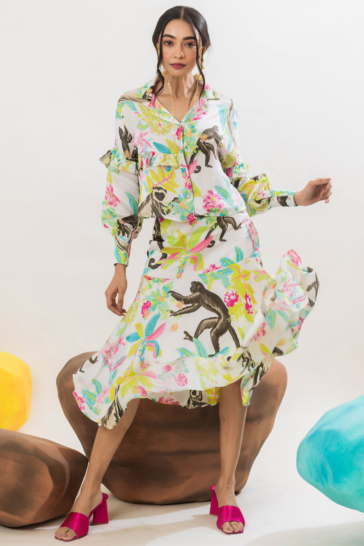 Multi-Colored Viscose Satin Jungle Printed Skirt Set by That Thing You Love at Pernia's Pop Up Shop