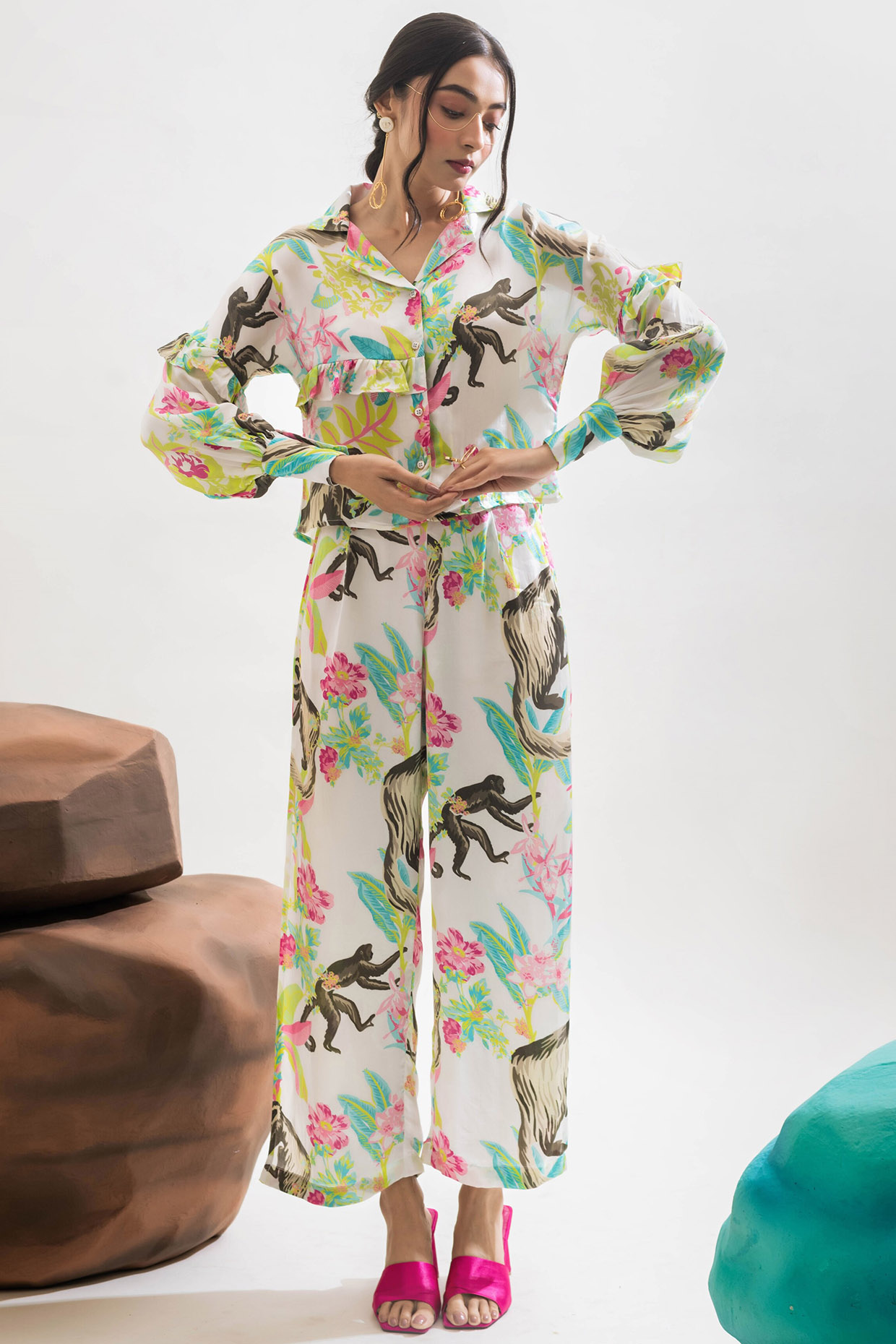 Multi-Colored Viscose Satin Jungle Printed Co-Ord Set by That Thing You Love at Pernia's Pop Up Shop