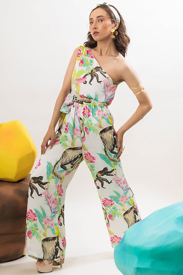 Multi-Colored Viscose Satin Jungle Printed Jumpsuit With Belt by That Thing You Love