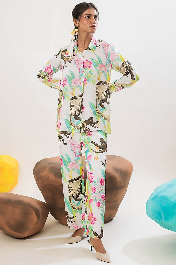 Multi-Colored Viscose Satin Jungle Printed Shirt by That Thing You Love