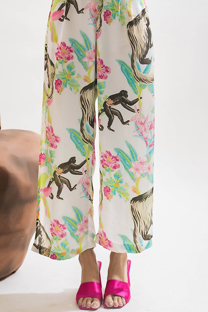 Multi-Colored Viscose Satin Jungle Printed Slit Pants by That Thing You Love