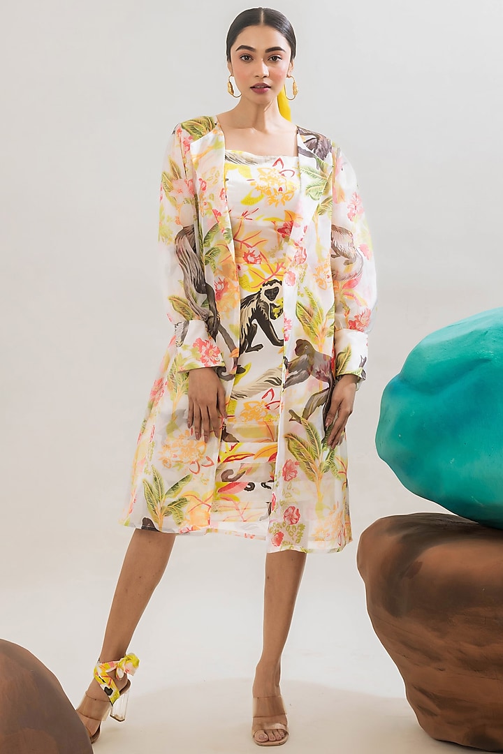 Multi-Colored Viscose Satin & Organza Jungle Printed A-Line Jacket Summer Dress by That Thing You Love at Pernia's Pop Up Shop