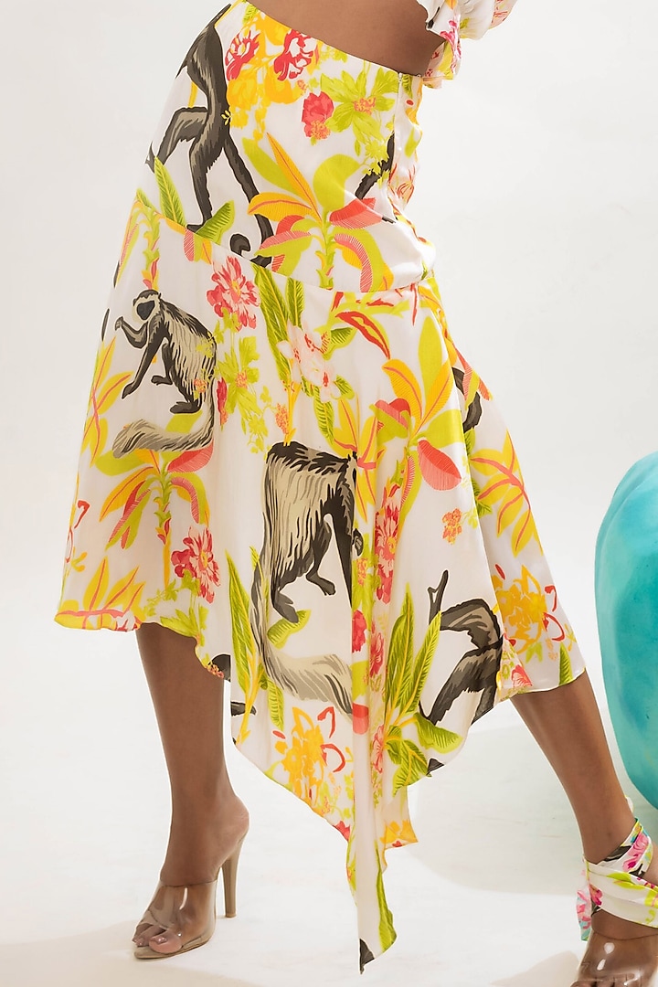 Multi-Colored Viscose Satin Jungle Printed Asymmetrical Skirt by That Thing You Love