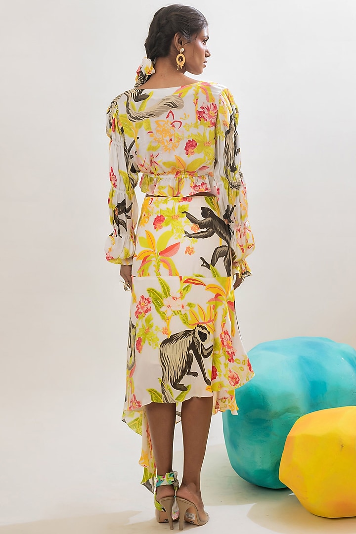 Multi-Colored Viscose Satin Jungle Printed Asymmetrical Skirt by That Thing You Love at Pernia's Pop Up Shop
