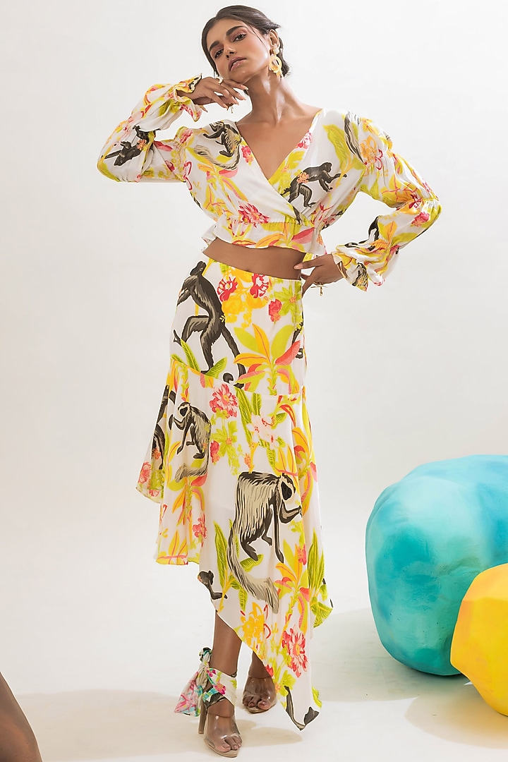 Multi-Colored Viscose Satin Jungle Printed Asymmetrical Skirt by That Thing You Love at Pernia's Pop Up Shop