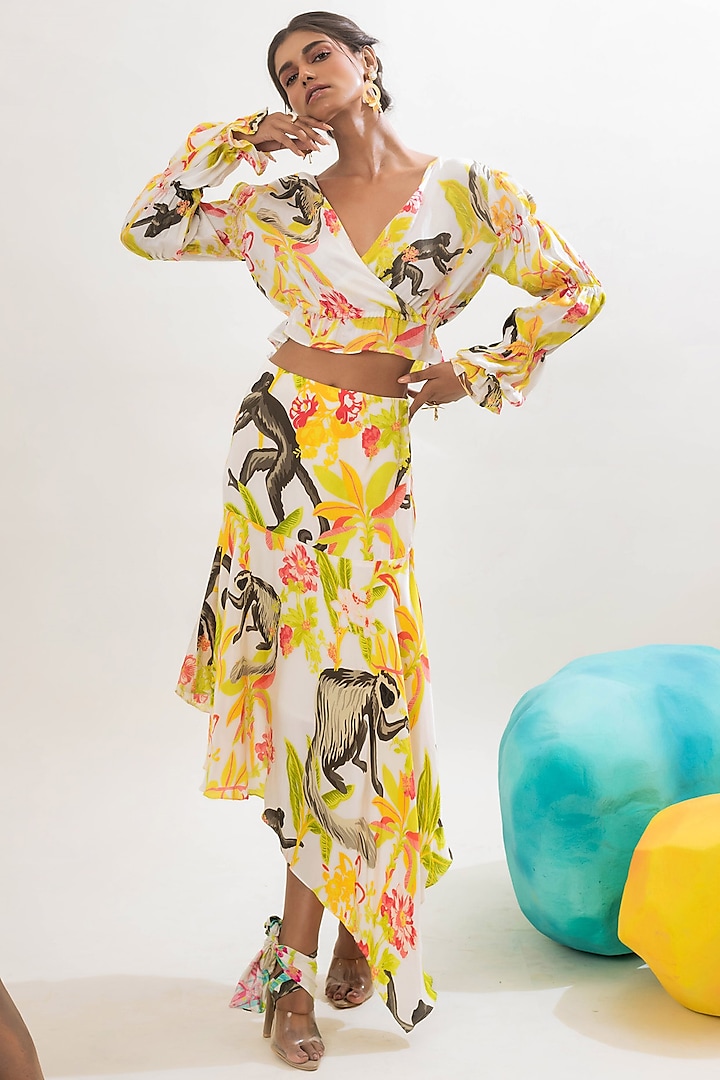 Multi-Colored Viscose Satin Jungle Printed Asymmetrical Skirt Set by That Thing You Love