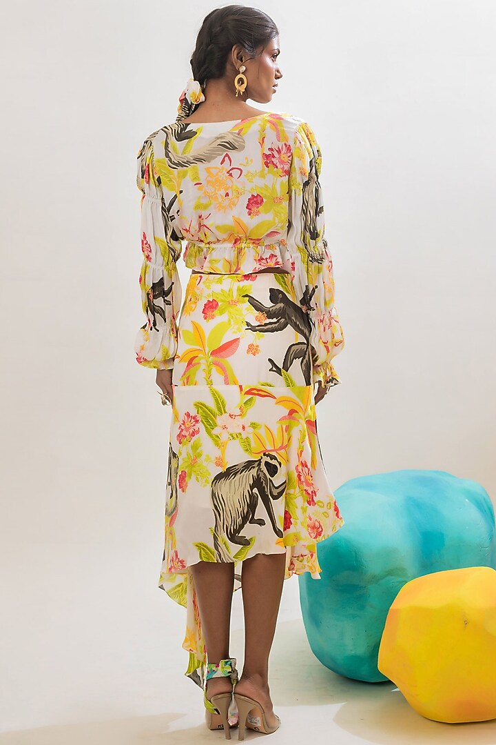 Multi-Colored Viscose Satin Jungle Printed Asymmetrical Skirt Set by That Thing You Love at Pernia's Pop Up Shop