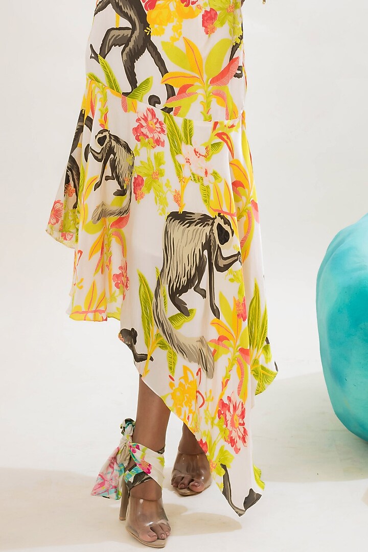 Multi-Colored Viscose Satin Jungle Printed Asymmetrical Skirt Set by That Thing You Love at Pernia's Pop Up Shop