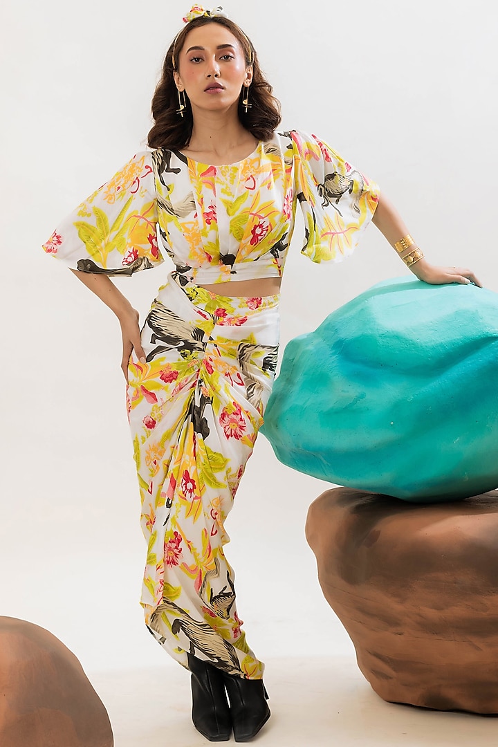 Multi-Colored Viscose Satin Draped Skirt Set by That Thing You Love