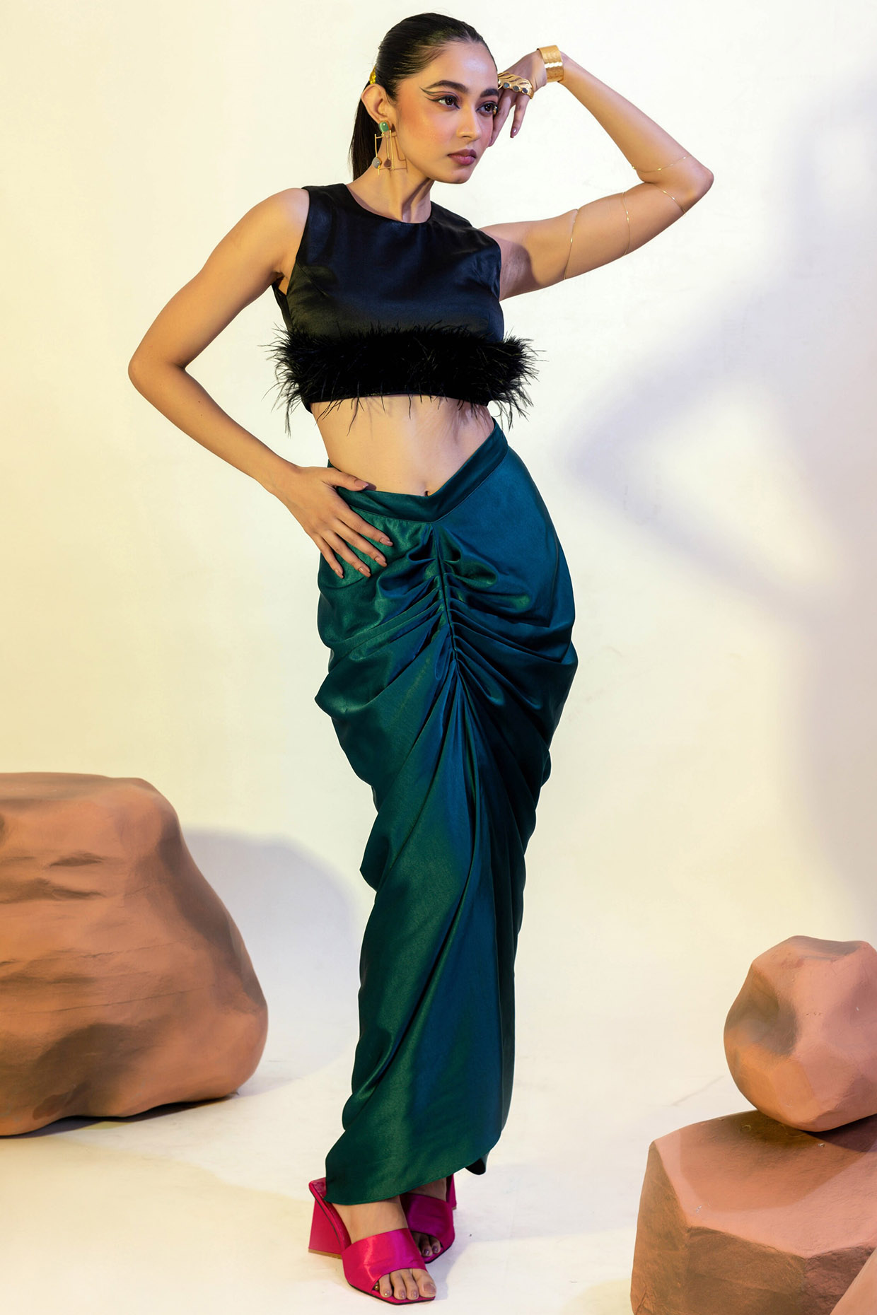 Green Viscose Satin Draped Skirt Design by That Thing You Love at
