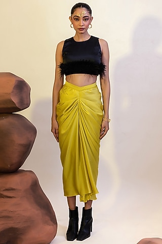 Yellow Viscose Satin Draped Skirt by That Thing You Love