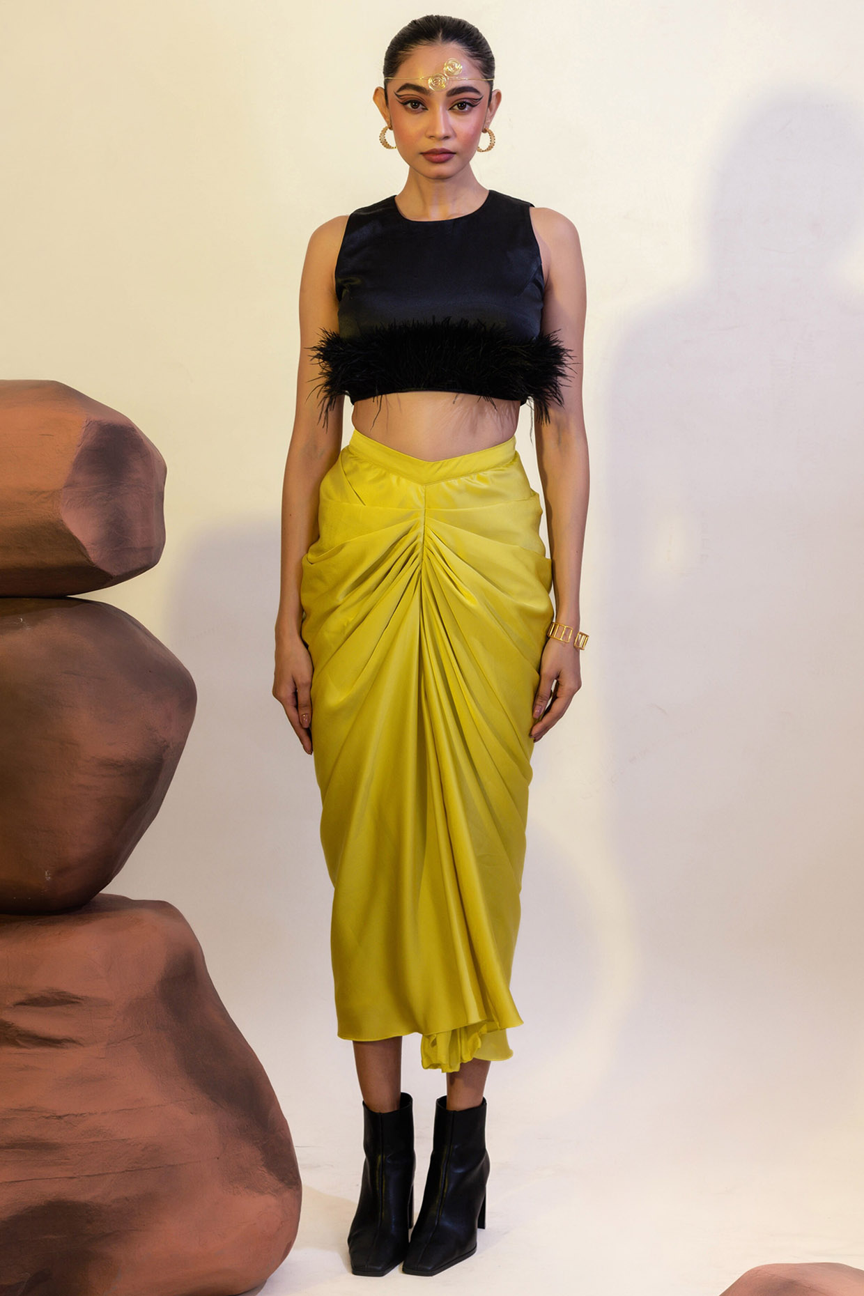 Yellow Viscose Satin Draped Skirt Set Design by That Thing You Love at