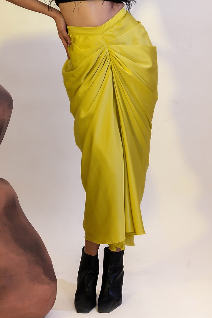 Yellow Viscose Satin Draped Skirt Set by That Thing You Love at Pernia's Pop Up Shop