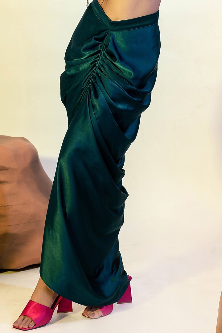 Green Viscose Satin Draped Skirt Set by That Thing You Love at Pernia's Pop Up Shop