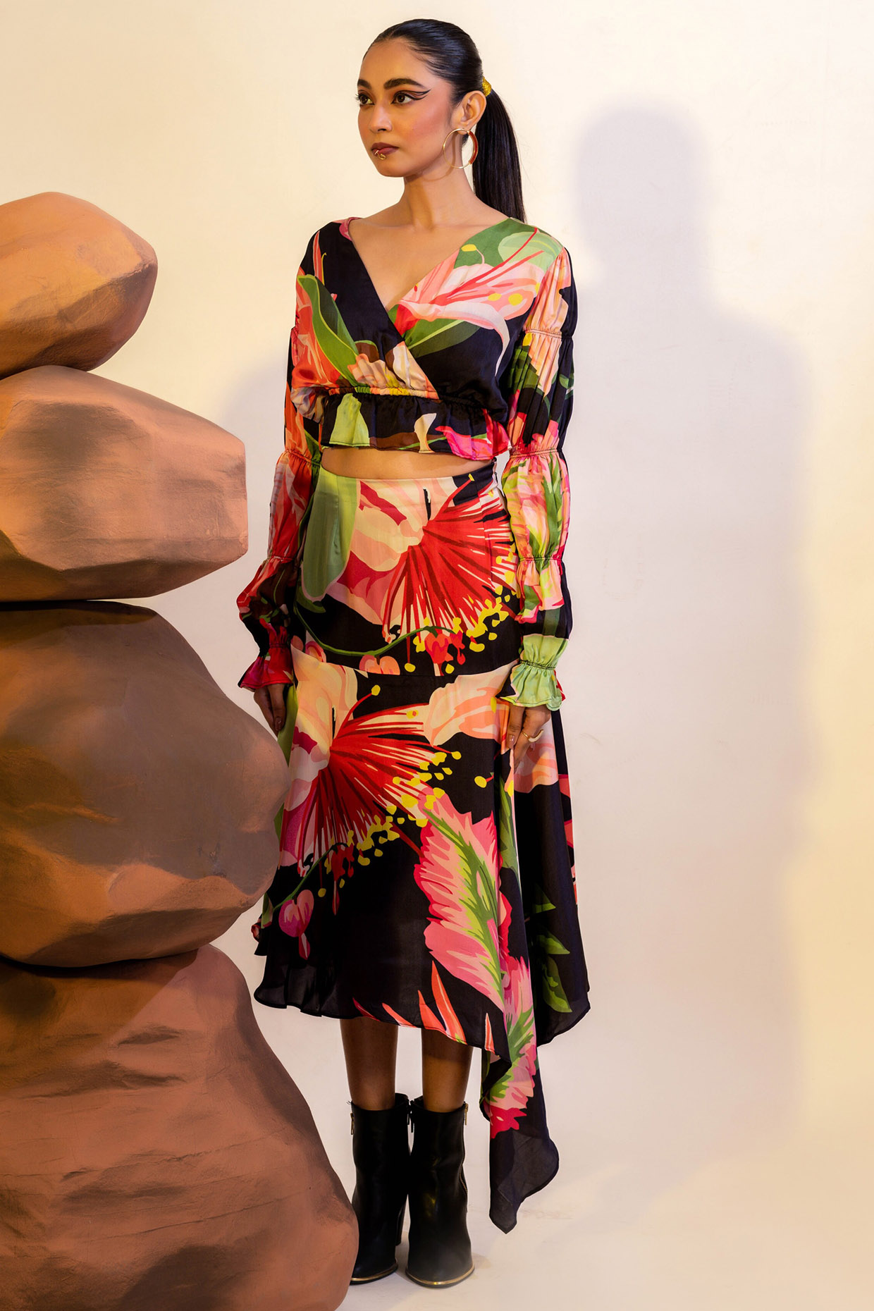 Multi-Colored Viscose Satin Printed Asymmetrical Skirt Set by That Thing You Love at Pernia's Pop Up Shop