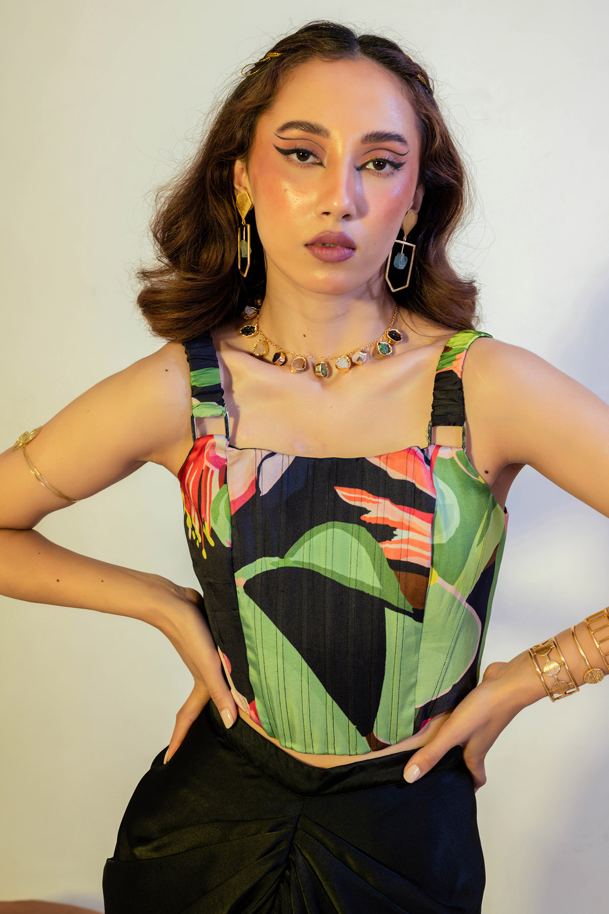 Multi-Colored Viscose Satin Printed Corset by That Thing You Love at Pernia's Pop Up Shop