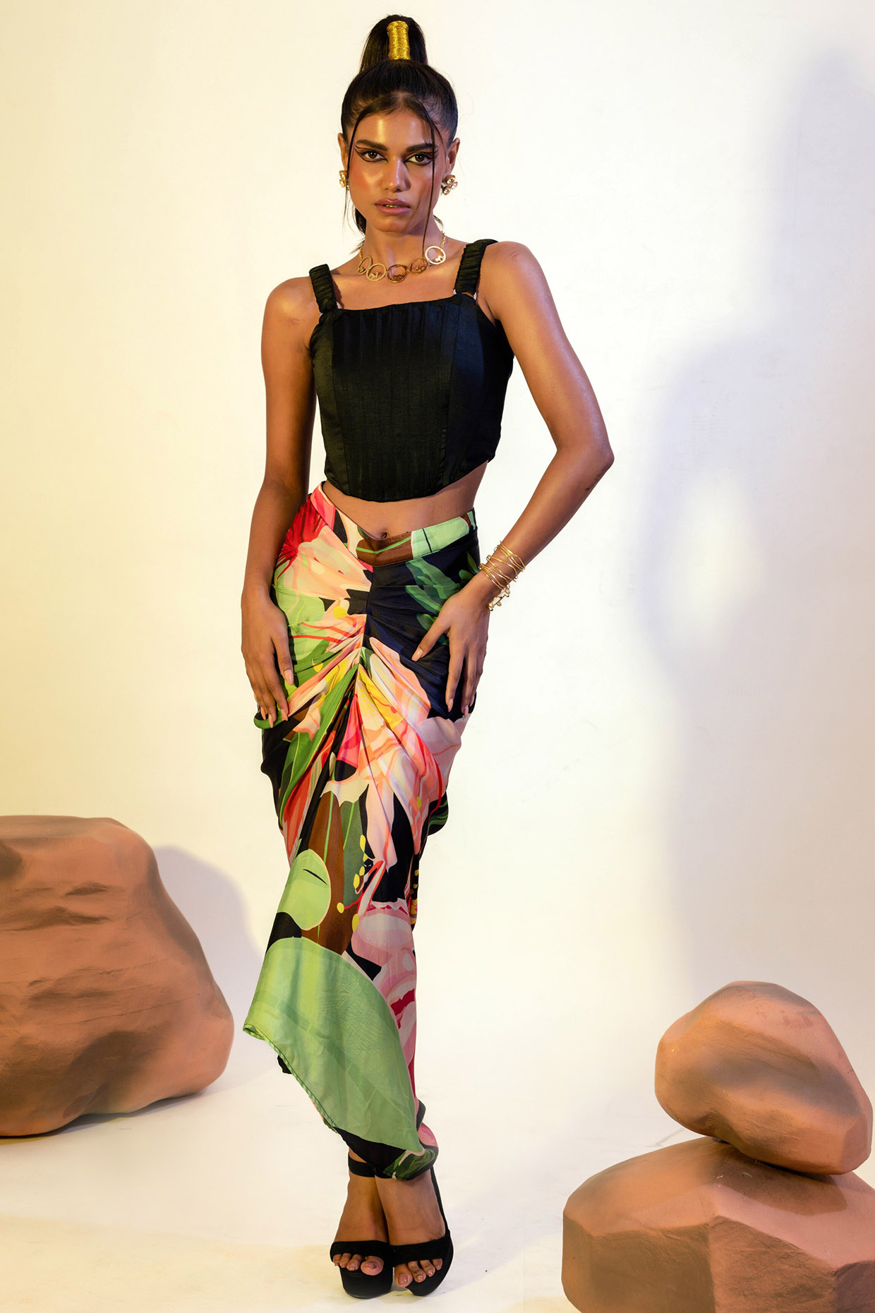 Multi-Colored Viscose Satin Printed Draped Skirt Set by That Thing You Love at Pernia's Pop Up Shop