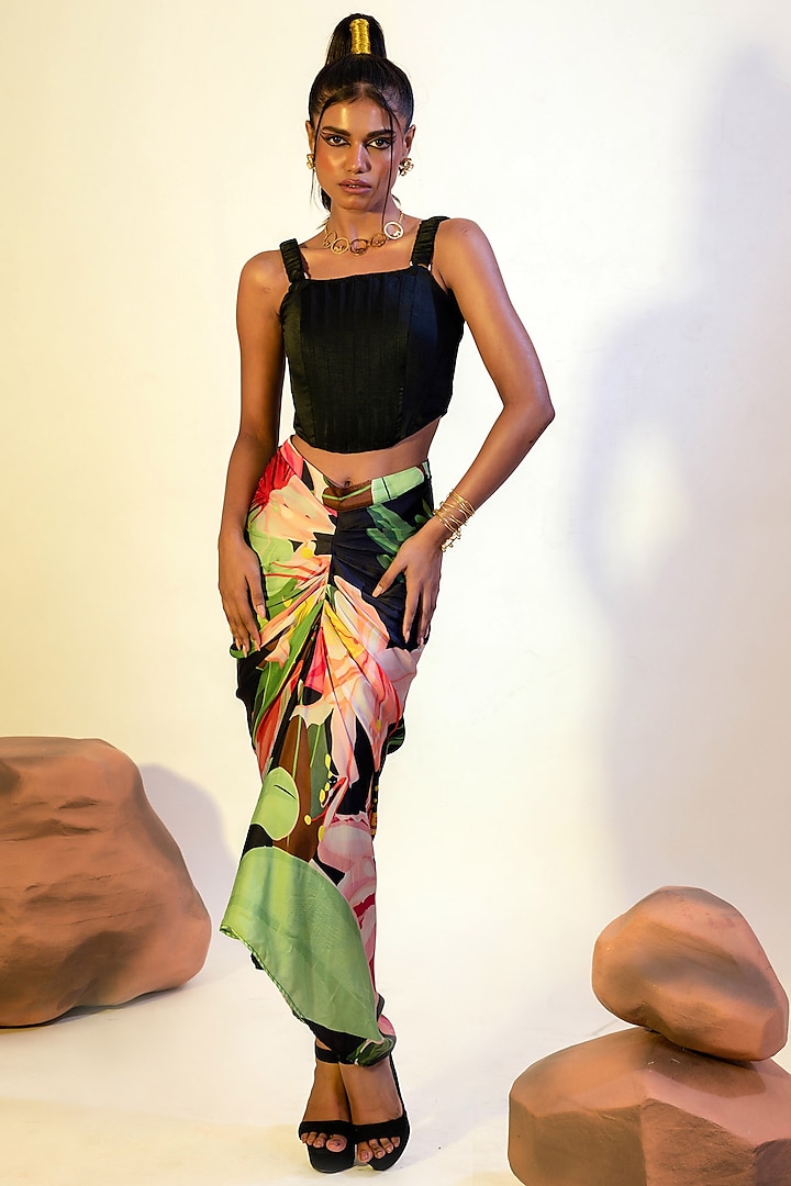 Multi-Colored Viscose Satin Printed Draped Skirt Set by That Thing You Love at Pernia's Pop Up Shop