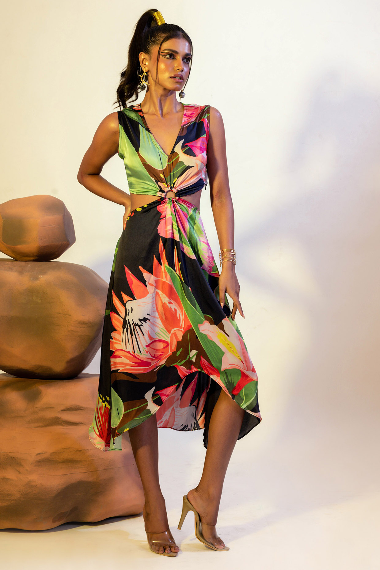 Multi Colored Viscose Satin Printed Midi Dress Design by That Thing You