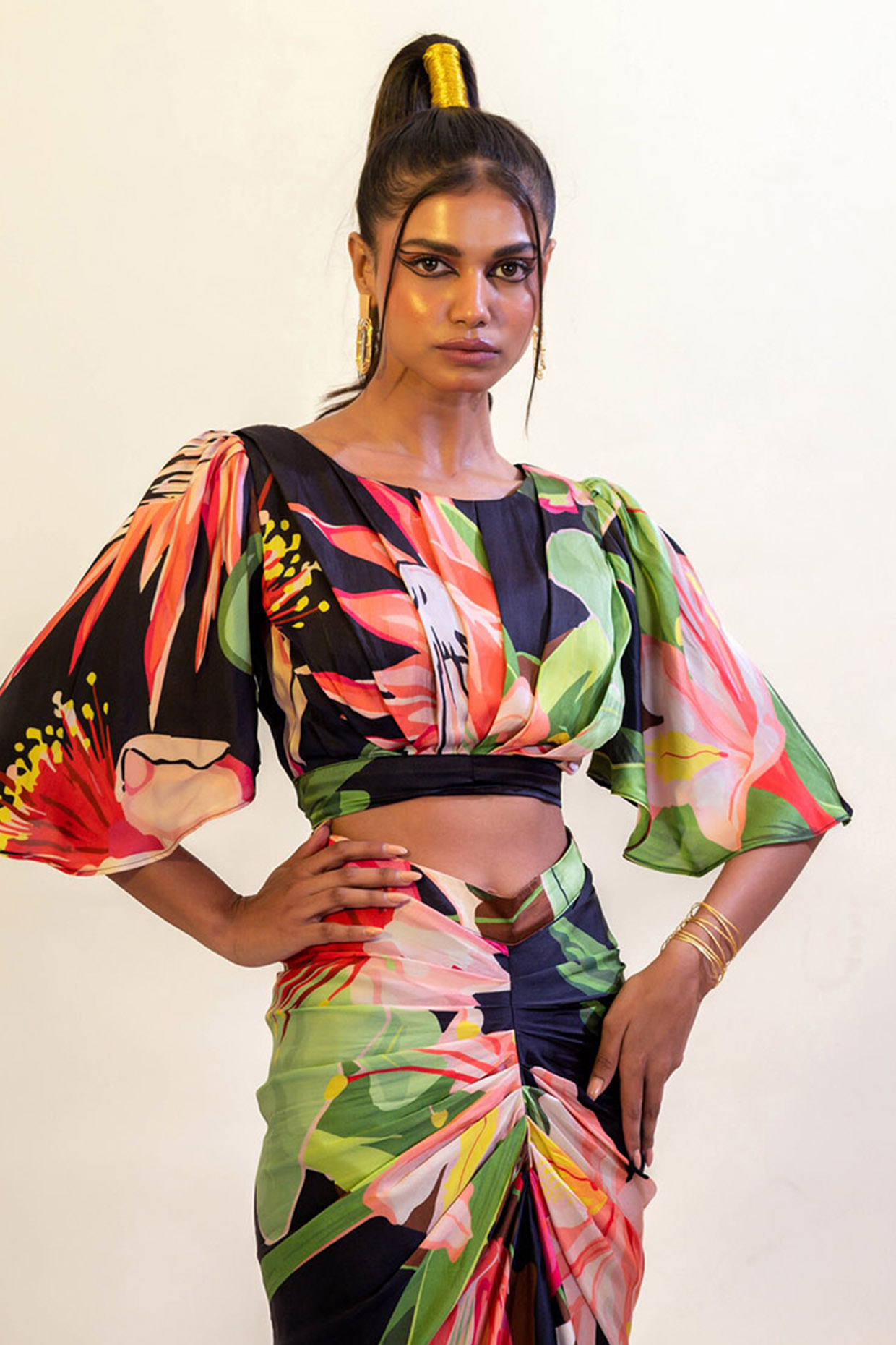 Multi Colored Viscose Satin Printed Draped Blouse Design by That Thing