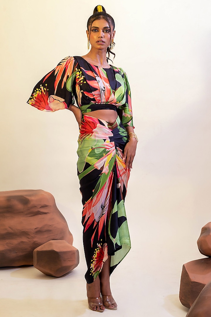 Multi-Colored Viscose Satin Printed Draped Skirt Set by That Thing You Love at Pernia's Pop Up Shop