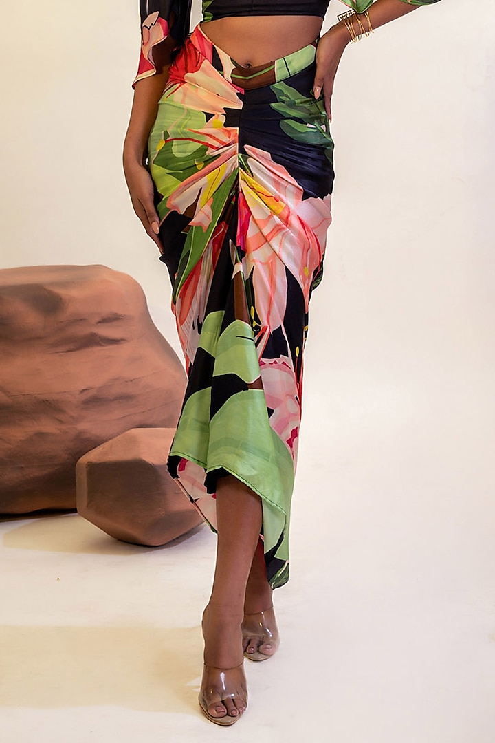 Multi-Colored Viscose Satin Printed Draped Skirt by That Thing You Love