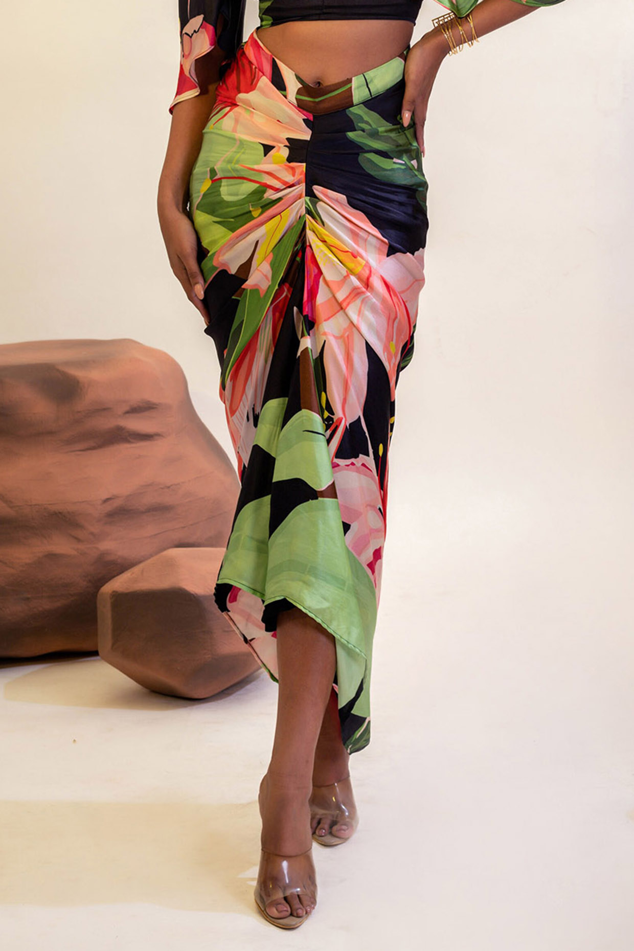Multi Colored Viscose Satin Printed Draped Skirt Design by That Thing