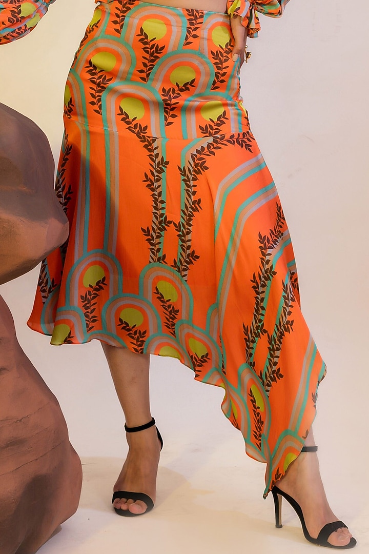 Multi-Colored Viscose Satin Printed Asymmetric Skirt by That Thing You Love at Pernia's Pop Up Shop