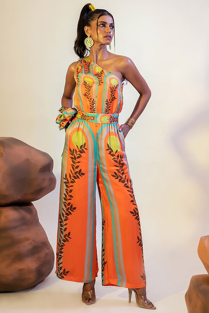 Multi-Colored Viscose Satin Printed One-Shoulder Jumpsuit by That Thing You Love