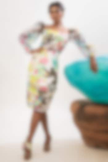 White Viscose Satin & Organza Printed A-Line Knee-Length Summer Dress by That Thing You Love at Pernia's Pop Up Shop