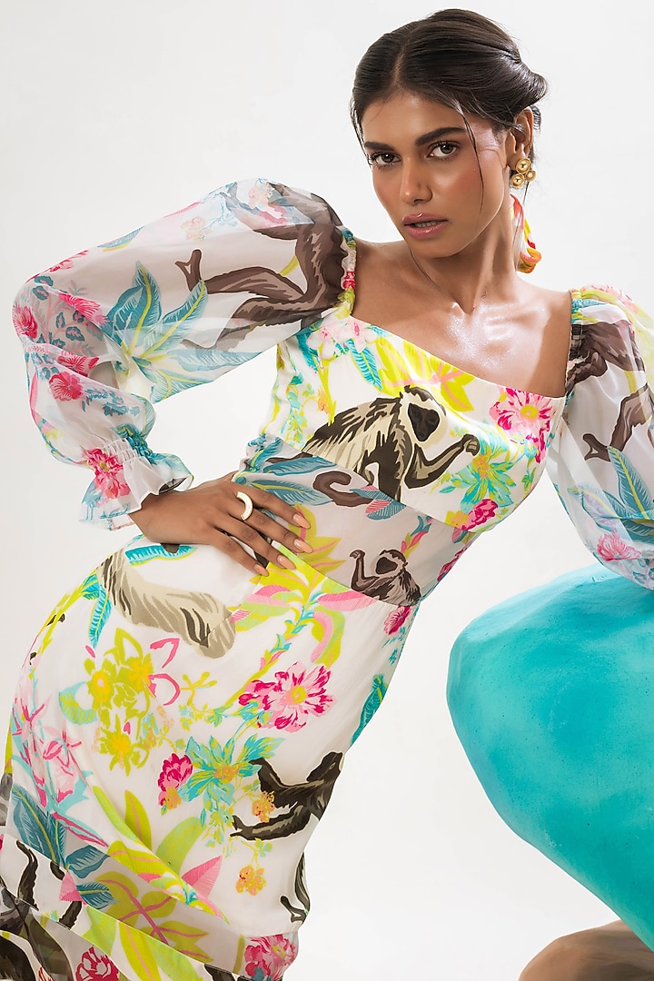 White Viscose Satin & Organza Printed A-Line Knee-Length Summer Dress by That Thing You Love at Pernia's Pop Up Shop