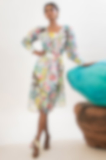 White Viscose Satin & Organza Printed Knee-Length Jacket Summer Dress by That Thing You Love at Pernia's Pop Up Shop