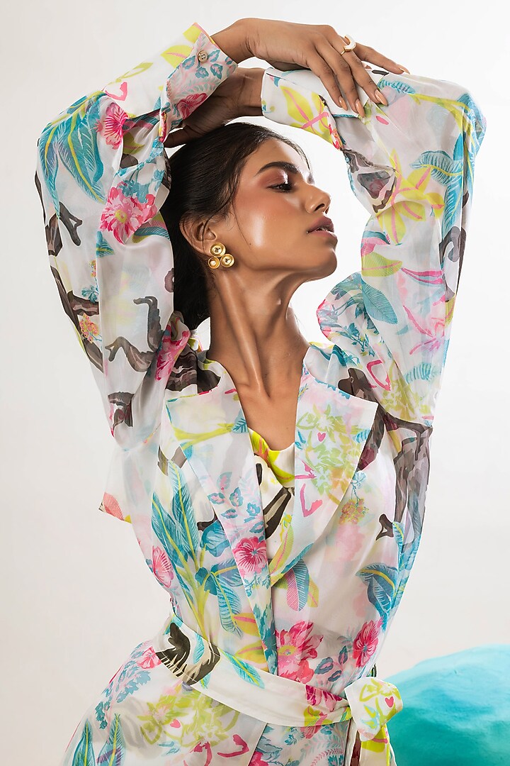 White Viscose Satin & Organza Printed Knee-Length Jacket Summer Dress by That Thing You Love at Pernia's Pop Up Shop