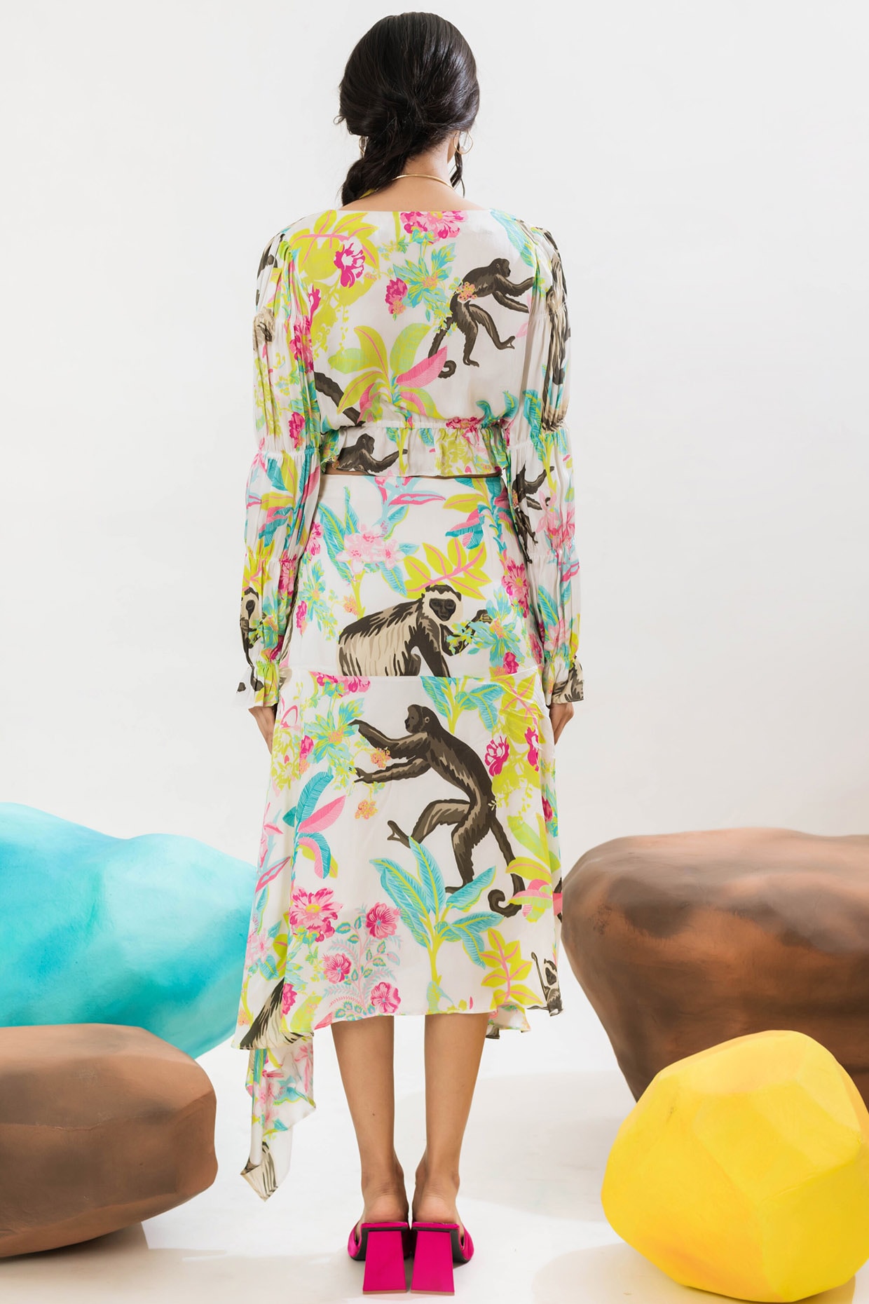 White printed satin asymmetric on sale skirt