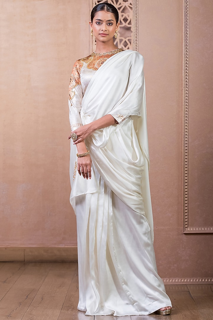 White Satin Draped Saree Set by Tarun Tahiliani