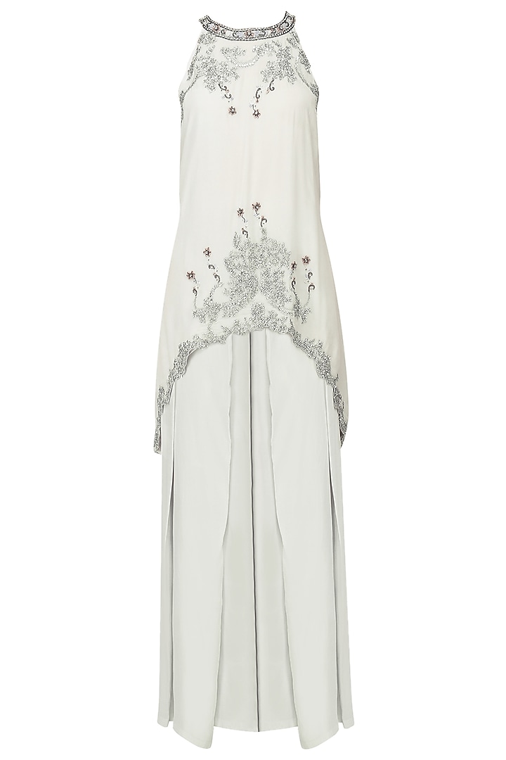 Pearl Grey Embroidered Tunic with Pleated Palazzo Pants by Tara Thakur